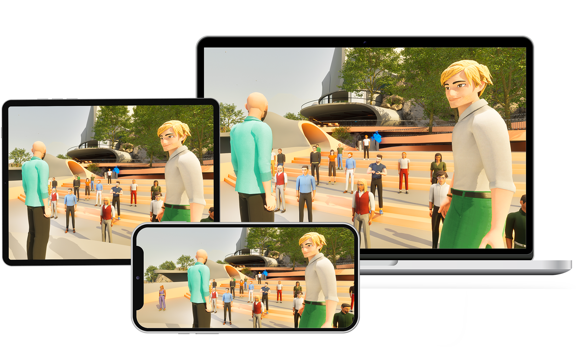 A demonstration of Meadow by Bizzlogic's cross-platform accessibility, showing a virtual gathering of diverse avatars on a digital campus displayed on a laptop, tablet, and smartphone. This metaverse platform allows seamless access across multiple devices, enabling immersive virtual experiences for users anywhere, anytime.