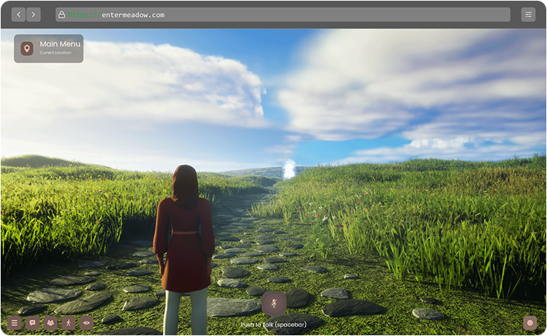 A serene virtual landscape within Meadow by Bizzlogic, featuring an avatar standing on a stone path surrounded by lush green fields under a bright blue sky. This metaverse scene showcases Meadow's potential for creating tranquil digital environments, ideal for meditation, relaxation, or immersive nature-based experiences in the virtual world.