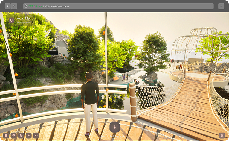 A scenic virtual environment within Meadow by Bizzlogic, featuring an avatar standing on a wooden bridge overlooking a lush green landscape with flowing water and modern architectural elements. This metaverse platform offers immersive experiences for users to explore custom-designed spaces, ideal for virtual events, meetings, and community engagement in the digital world.