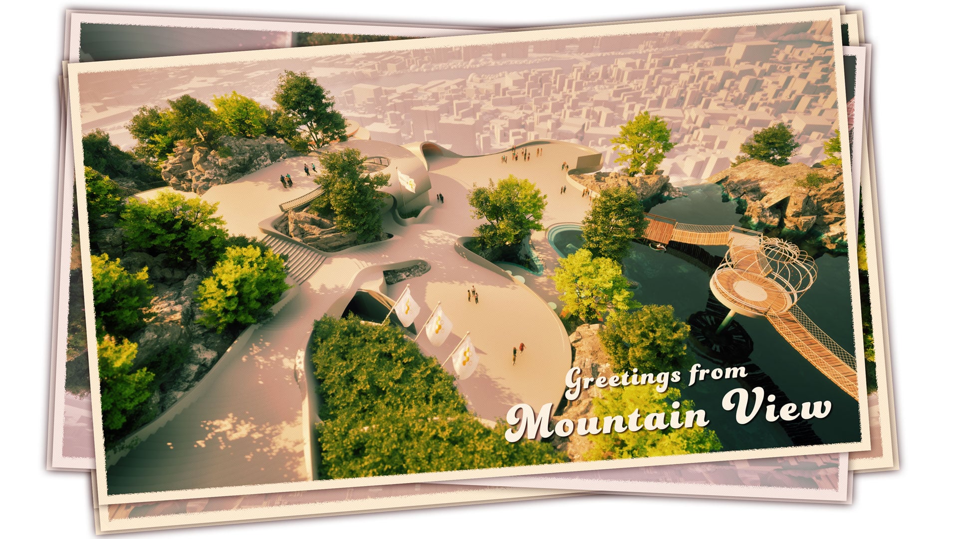 A digital postcard featuring a virtual landscape labeled 'Greetings from Mountain View,' showcasing customizable templates available on Meadow by Bizzlogic. This metaverse platform enables businesses to select from a variety of pre-designed virtual environments, allowing for tailored experiences that align with brand identity and mission within the metaverse.