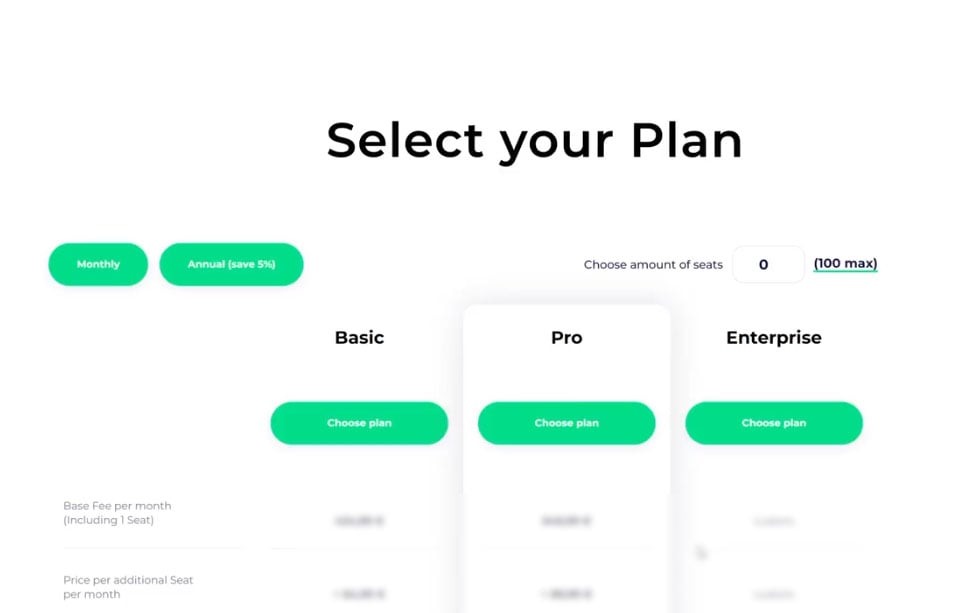 An overview of Meadow by Bizzlogic's tiered pricing structure, highlighting options for Basic, Pro, and Enterprise plans. Each plan offers different features and usage hours, including tools like content management, spatial voice communication, screen sharing, and analytics reports, catering to diverse business needs for quick and easy setup in the metaverse