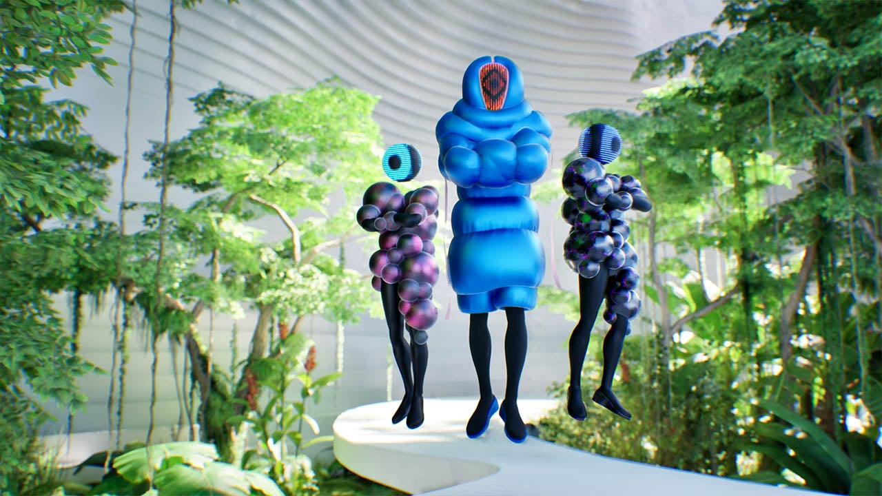 A user-controlled avatar stands on a stone path in a serene virtual environment within the Meadow platform by Bizzlogic. The metaverse scene features lush green fields under a vibrant blue sky, showcasing the immersive capabilities of the platform's customizable virtual spaces.